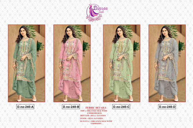 Dinsaa 240 A To D Embroidery Organza Pakistani Suits Wholesale Price In Surat
